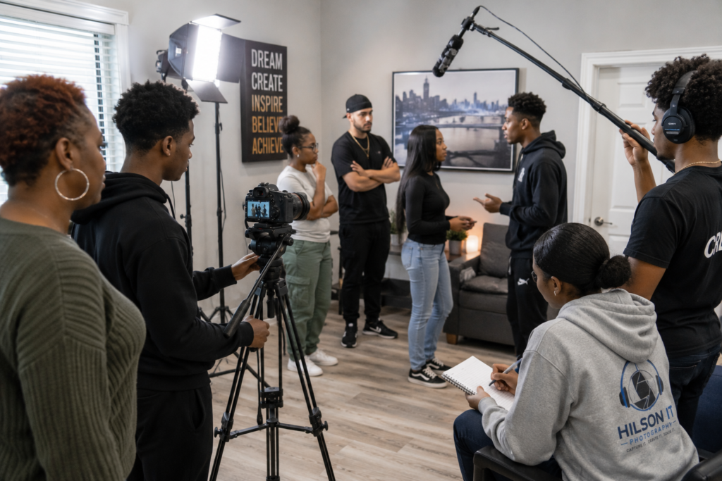 Students learning on set